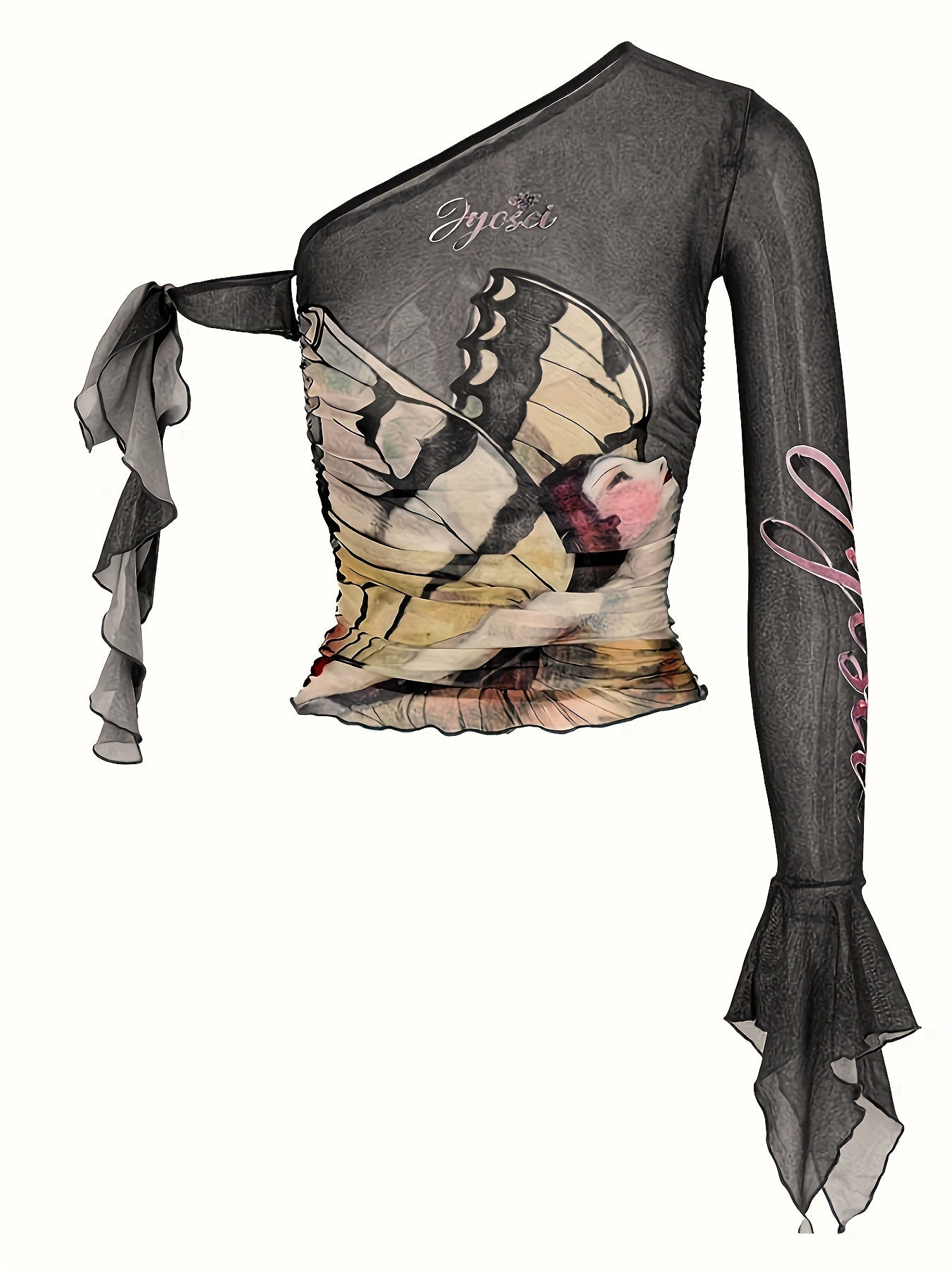 Figure Print Ruffle Trim Asymmetric T-shirt, Y2K Sheer Mesh Long Sleeve Top, Women's Clothing